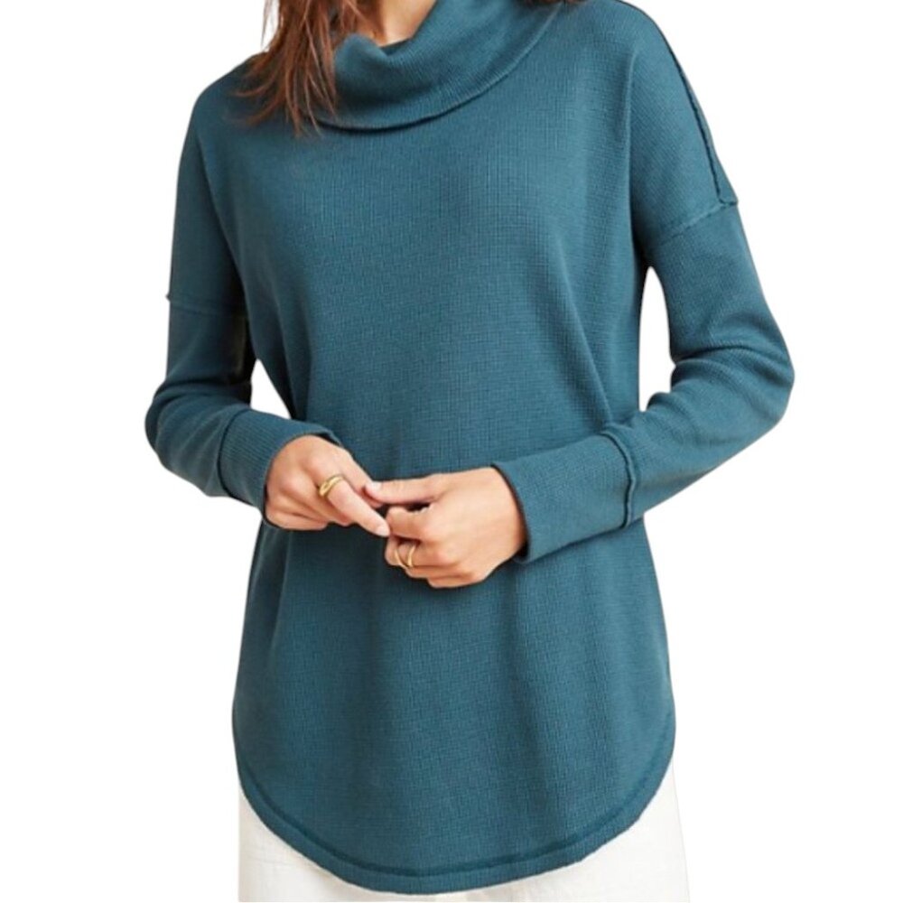 Anthropologie Maeve Ainsley Cowl Neck Waffle Fabric Tunic - Forest Green - S